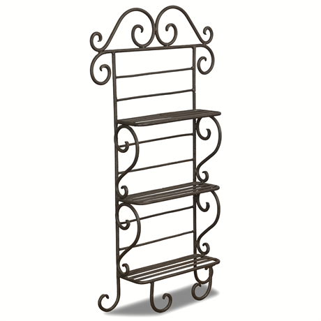 Vintage Hand-Wrought Iron Wall Shelf Rack with Scrolled Design