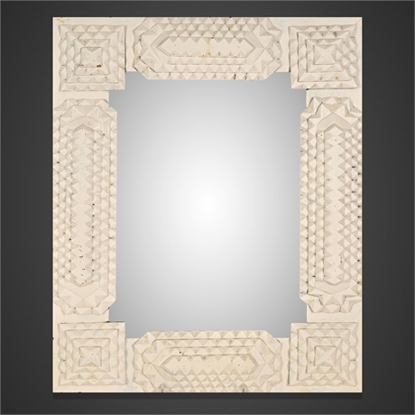 Tramp Art Chip-Carved Wall Mirror, White-Painted Pyramidal Frame
