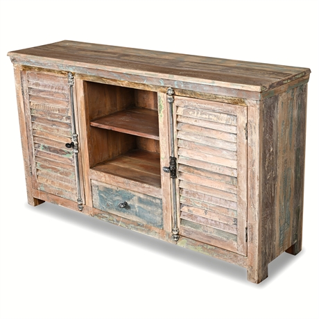 Rustic Solid Wood Media Console with Shelves & Drawer