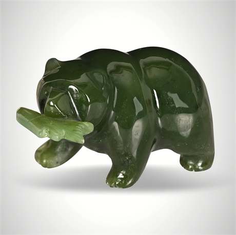 Carved Nephrite Jade Bear with Salmon Figurine