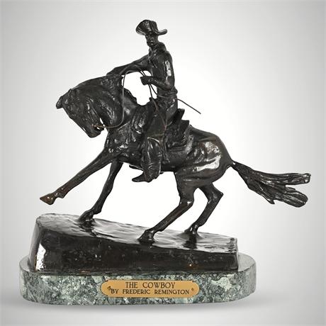 Frederic Remington “The Cowboy” Cast Bronze Sculpture on Stone Base