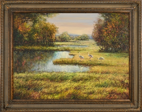 Serene Wetland Landscape with Cranes by C. Masen