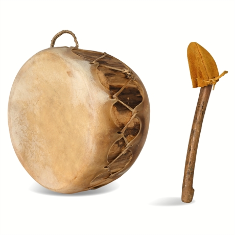 Native American Hyde & Wood Drum with Beater – Woven Handle