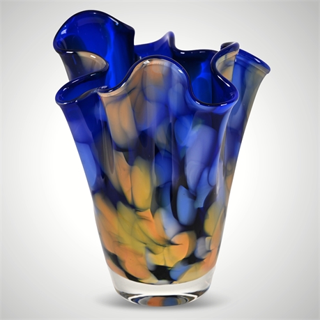 Polish Handblown Art Glass Vase – Ruffled Cobalt Blue with Multicolor Swirls