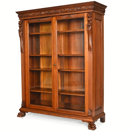 Antique Victorian Mahogany Bookcase with Intricate Carvings