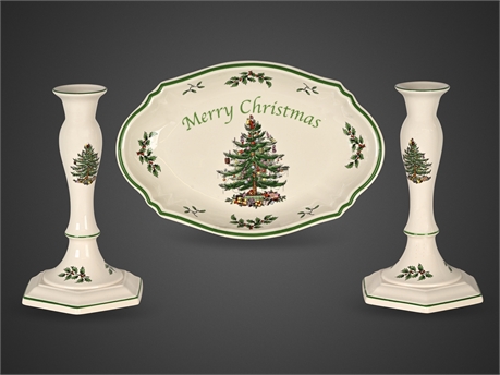 Spode Christmas Tree Three Piece Set – Tray & 9" Candle Holders, S3324 Pattern