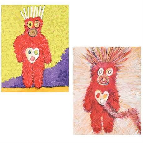 Sherry Gara Abstract Figures Pair — Red Heart Motif Acrylics on Panel
