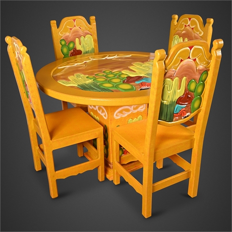 Mexican Carved & Painted Desert-Motif Dining Set with Glass Top