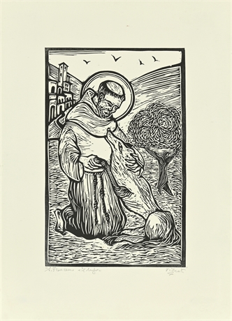 Gastone Vignati "San Francesco E IL Lupo" Linoleum Block Print