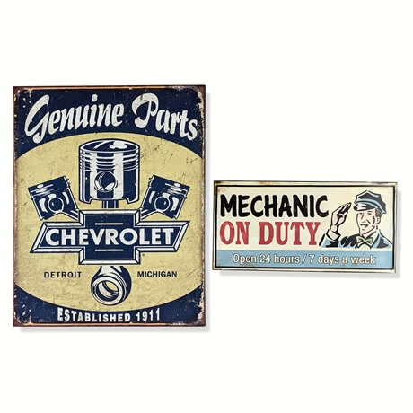 Chevrolet Genuine Parts & Mechanic On Duty Steel Garage Signs