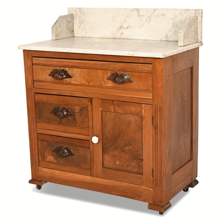 Antique Victorian Marble-Top and Two-Toned Walnut Wash Stand, Circa 1890
