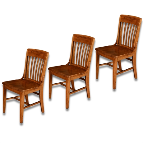 Set of 3 Antique Solid Oak Courthouse Chairs with Contoured Seats