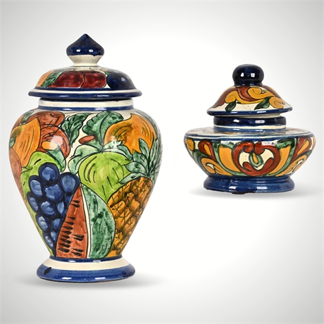 Pair of Hand-Painted Talavera Lidded Jars – Fruit & Floral Designs