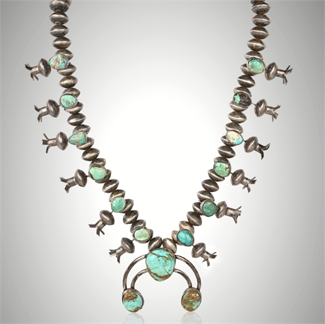 Navajo Mercury Silver Dime Bead & Turquoise Squash Blossom Necklace, ca. 1940s
