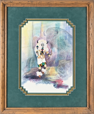 Diann Eshleman Watercolor “Buffalo Dancer”, Signed 1996, Framed 27″×21.5″