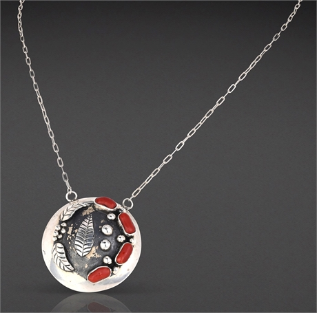 Navajo Sterling Silver Turquoise & Coral Reversible Pillow Pendant Necklace