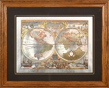 Vintage "Nova Totivs Terrarvm Orbis" Framed Map with Gold/Silver Foil Inlay