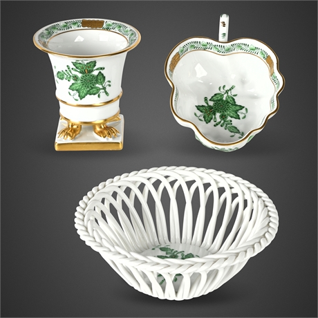 Herend Hungary “Chinese Bouquet Green” Porcelain Trio – Basket, Leaf Dish & Vase
