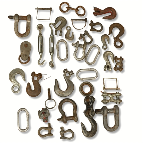 Hardware Assortment: Hooks, Shackles, Turnbuckles & More in Wood Crate