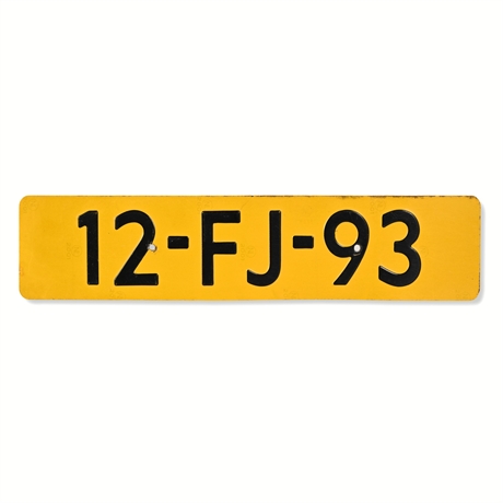 Dutch License Plate 12-FJ-93, Yellow Reflective Aluminum