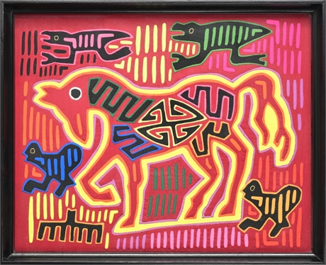 Kuna Mola Textile – Horse & Frogs Motif, Shadow Box Frame