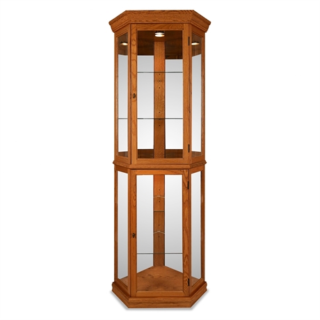 Oak Corner Two-Door Lighted Curio Cabinet, Mirrored Back & Glass Shelves