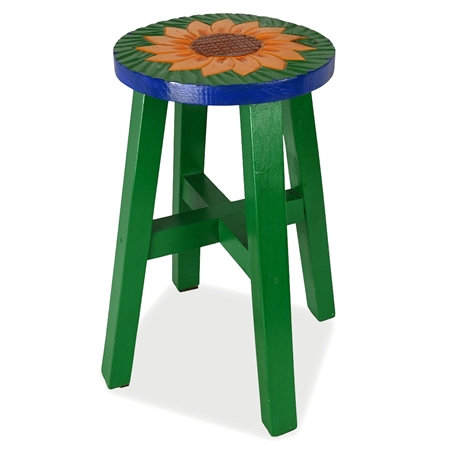 Hand-Carved Sunflower Stool — Folk Art Accent Table or Plant Stand