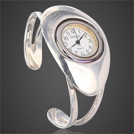 Sterling Silver Modernist Cuff Bracelet with Quartz Watch, 44.7g