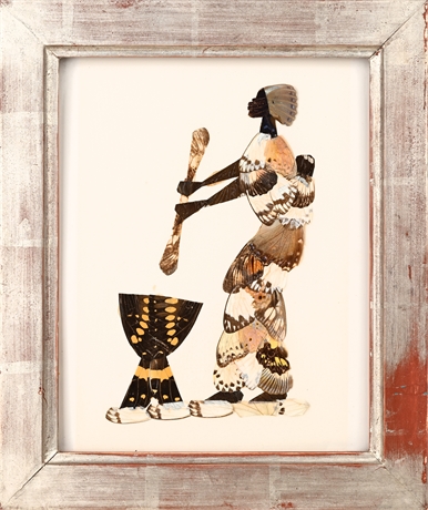 African Butterfly Wing Art – Mortar & Pestle Figure, Framed 12"x10"