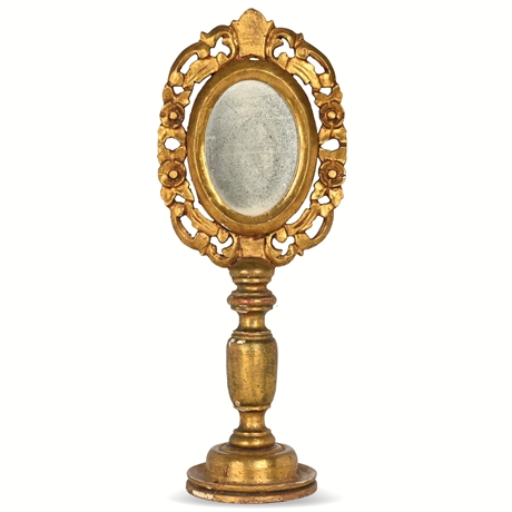 Antique Giltwood and Plaster Standing Mirror with Ornate Frame, 21" Tall