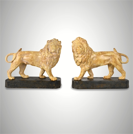 Borghese-Style Gilt Lion Sculptures on Bases, Pair
