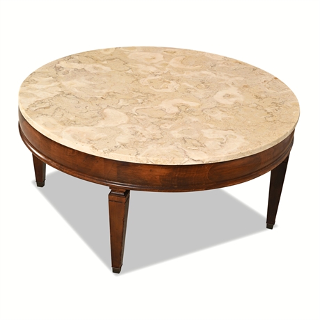 Neoclassical Marble-Top Round Cocktail Table, Walnut Base with Tapered Legs