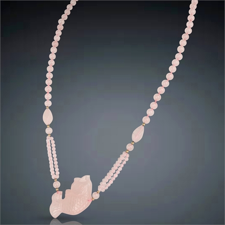 Carved Rose Quartz Necklace with Carved Fish Pendant