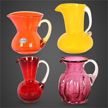 4 Hand-Blown Mini Art Glass Pitchers – Crackle, Applied Handles, Colorful Set