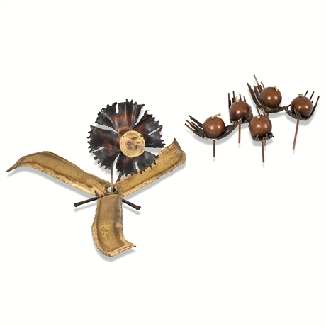 Torch-Cut Brass & Copper Flower Sculpture + Iron Candelabra