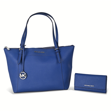Michael Kors Jet Set Travel Tote & Trifold Wallet Set — Blue Saffiano Leather