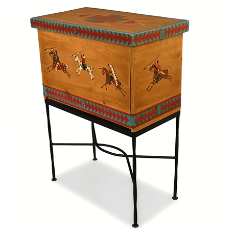 Cindy Duff Painted Trunk on Iron Stand — 1983 Folk Art, Hinged & Drop Front