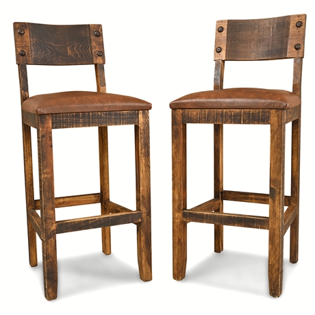 Pair of Rusticos Sierra Solid Wood Bar Stools — Rustic Vinyl Seats & Iron Accent