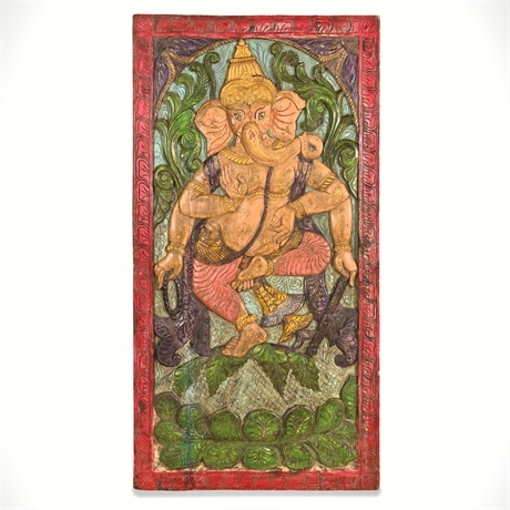Carved Wood Nritya Ganapati Panel — Polychrome, 72"H, Wall-Mount Ready
