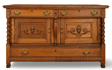 Antique Oak Sideboard with Carved Lion’s Head and Barley Twist Columns