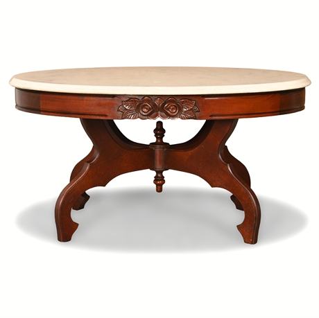 Victorian Mahogany Parlor Table — Carved Base, Marble Top
