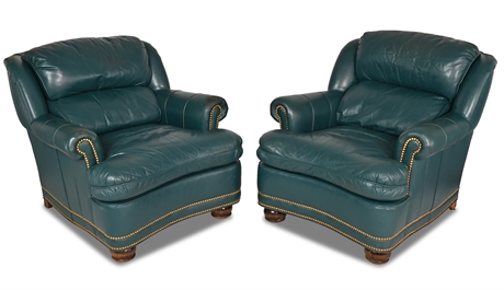 Pair Hancock & Moore Leather Club Chairs with Ottoman