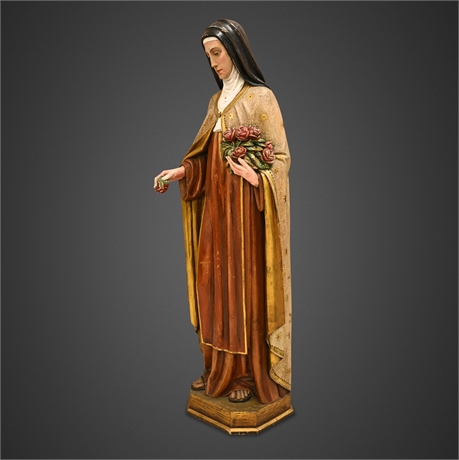 St. Thérèse of Lisieux with Roses Carved & Polychromed Wood Figure