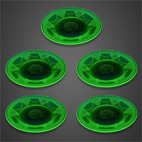 Federal Georgian Lovebirds Uranium Glass Dinner Plates – Set of 5, 8.5”