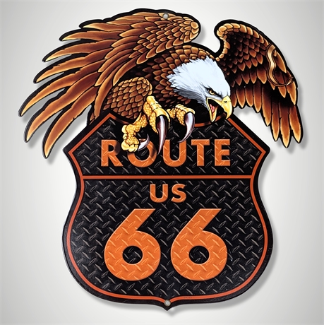 Large Route 66 Bald Eagle Steel Sign – Diamond Plate Style 17.75"