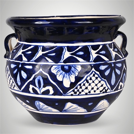 Talavera Blue & White Hand-Painted Ceramic Planter Pot — 14"