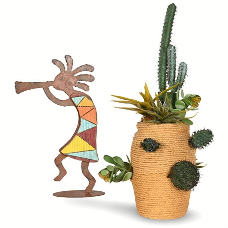 Southwest Style Decor - KoKopelli Iron Statue & Faux Cactus Arrangement