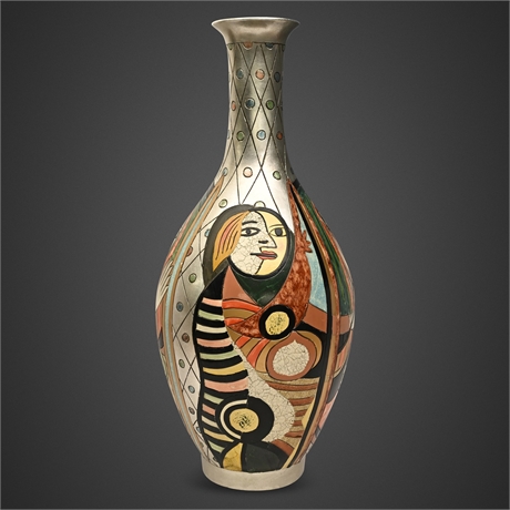 Alexander Kalifano Picasso-Style Cubist Carved Ceramic Floor Vase 28"