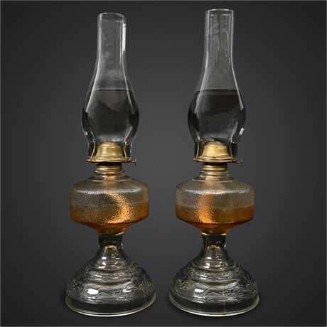 Pair of Eagle Oil Lamps – Embossed Glass, P&A Danbury Burners, 19"