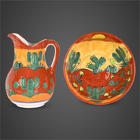 Talavera Mexican Hand Painted Cactus Pitcher & Bowl Set